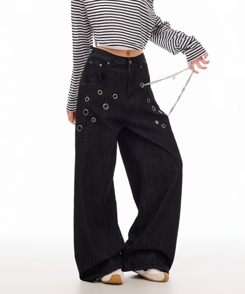 DEVICE(デバイス)の「【2026 AW】アイレット チェーン デニムパンツ(デニムパンツ・レディース・ブラック・FREE)」の1枚目の写真