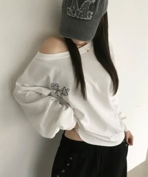 クロスプリント ボートネックスウェットトップス