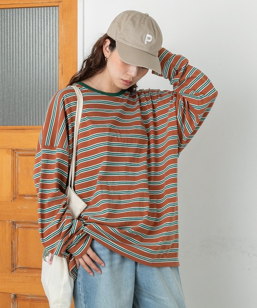 PICHI(ピイチ)の「BIGボーダーロンTee(Tシャツ/カットソー・レディース・ネイビー/グレー/ブラウン/カーキ・FREE)」の2枚目の写真