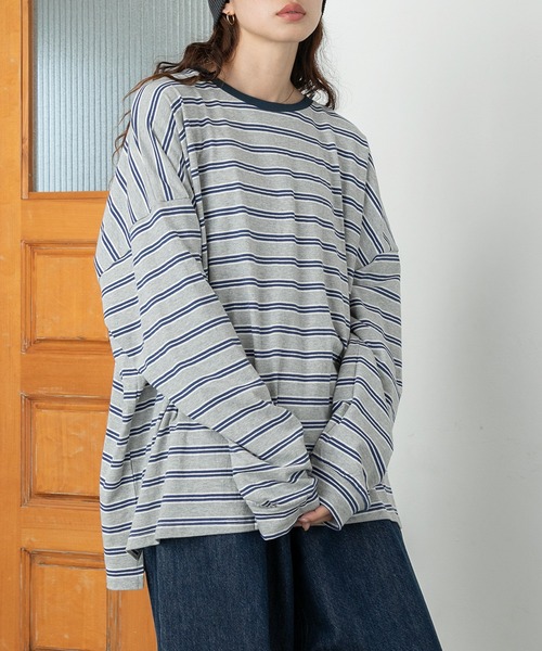 PICHI(ピイチ)の「BIGボーダーロンTee(Tシャツ/カットソー・レディース・ネイビー/グレー/ブラウン/カーキ・FREE)」の1枚目の写真