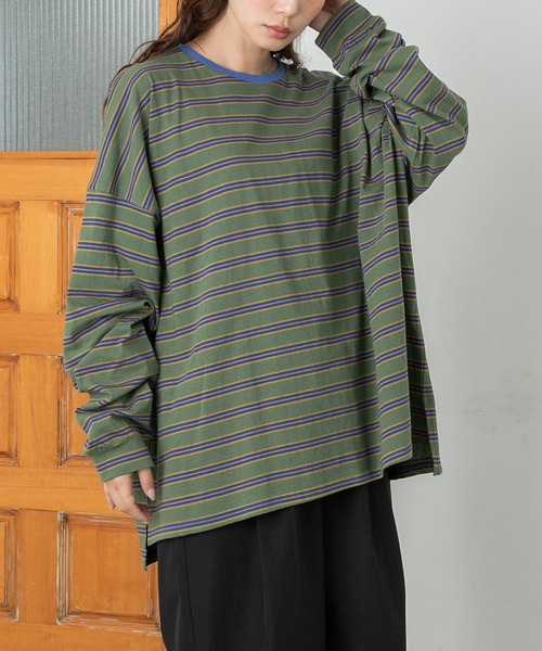 PICHI(ピイチ)の「BIGボーダーロンTee(Tシャツ/カットソー・レディース・ネイビー/グレー/ブラウン/カーキ・FREE)」の3枚目の写真