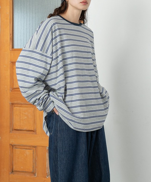 PICHI(ピイチ)の「BIGボーダーロンTee(Tシャツ/カットソー・レディース・ネイビー/グレー/ブラウン/カーキ・FREE)」の15枚目の写真