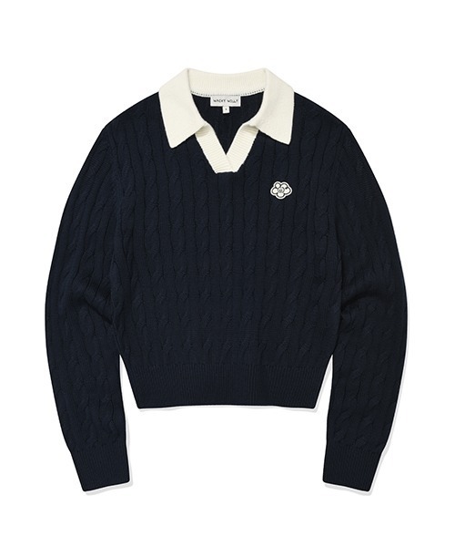 Wacky WiLLy(ワッキーウィリー)の「WOMEN'S CABLE OPEN COLLAR PULLOVER(ニット/セーター・レディース・ネイビー/イエロー/アイボリー/スカイブルー系・SMALL/MEDIUM/LARGE)」の2枚目の写真