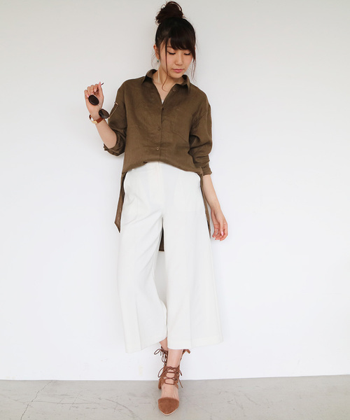 N.(N. Natural Beauty Basic)(エヌエヌナチュラルビューティーベーシック)の「チュニックサイドスリットシャツ(シャツ/ブラウス・レディース・カーキ/ホワイト/ベージュ・MEDIUM)」の12枚目の写真