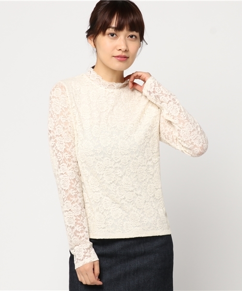 mysty woman（ミスティウーマン）の「総柄ストレッチレーススタンドカラーロングスリーブTシャツ（Tシャツ/カットソー・レディース・ピンク/アイボリー/ブラック・FREE）」の2枚目の写真