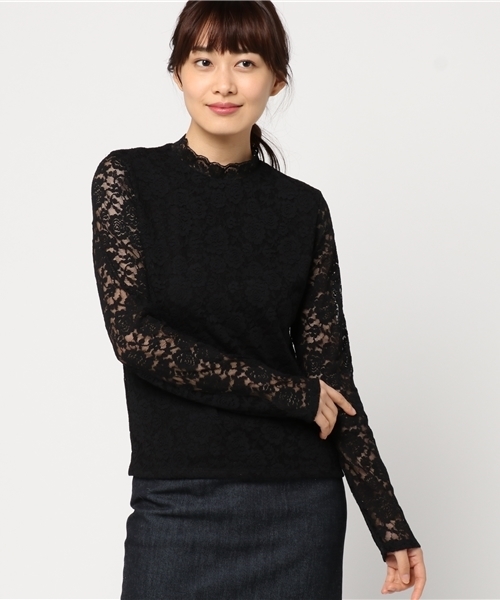 mysty woman（ミスティウーマン）の「総柄ストレッチレーススタンドカラーロングスリーブTシャツ（Tシャツ/カットソー・レディース・ピンク/アイボリー/ブラック・FREE）」の3枚目の写真