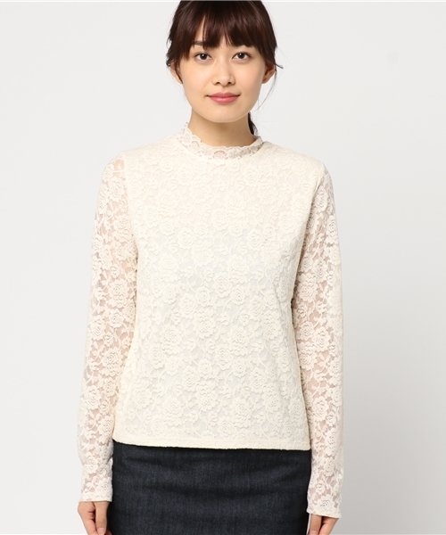 mysty woman（ミスティウーマン）の「総柄ストレッチレーススタンドカラーロングスリーブTシャツ（Tシャツ/カットソー・レディース・ピンク/アイボリー/ブラック・FREE）」の4枚目の写真