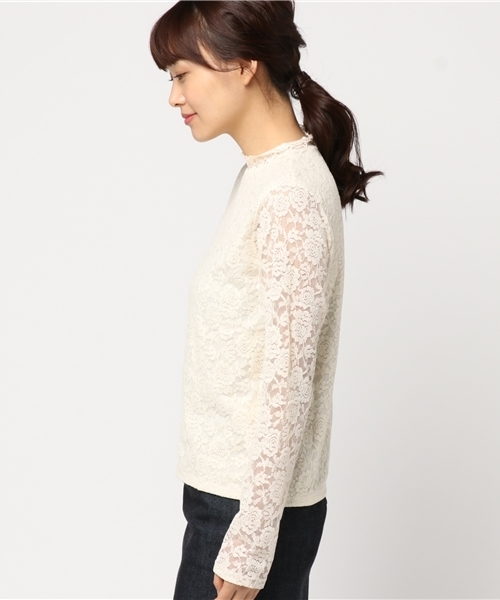 mysty woman（ミスティウーマン）の「総柄ストレッチレーススタンドカラーロングスリーブTシャツ（Tシャツ/カットソー・レディース・ピンク/アイボリー/ブラック・FREE）」の5枚目の写真