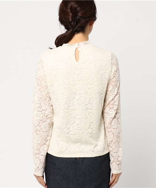 mysty woman（ミスティウーマン）の「総柄ストレッチレーススタンドカラーロングスリーブTシャツ（Tシャツ/カットソー・レディース・ピンク/アイボリー/ブラック・FREE）」の6枚目の写真
