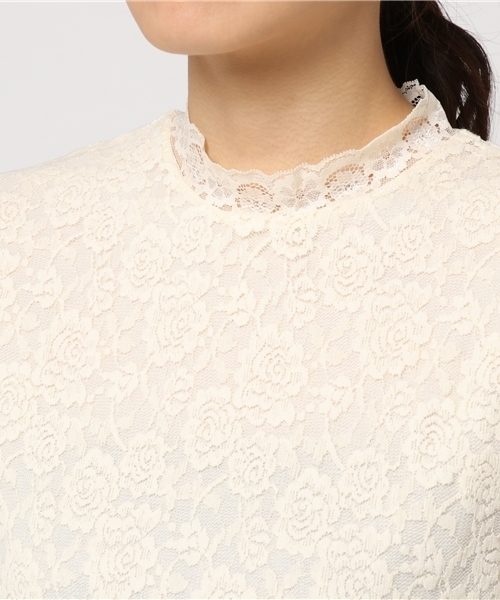 mysty woman（ミスティウーマン）の「総柄ストレッチレーススタンドカラーロングスリーブTシャツ（Tシャツ/カットソー・レディース・ピンク/アイボリー/ブラック・FREE）」の7枚目の写真