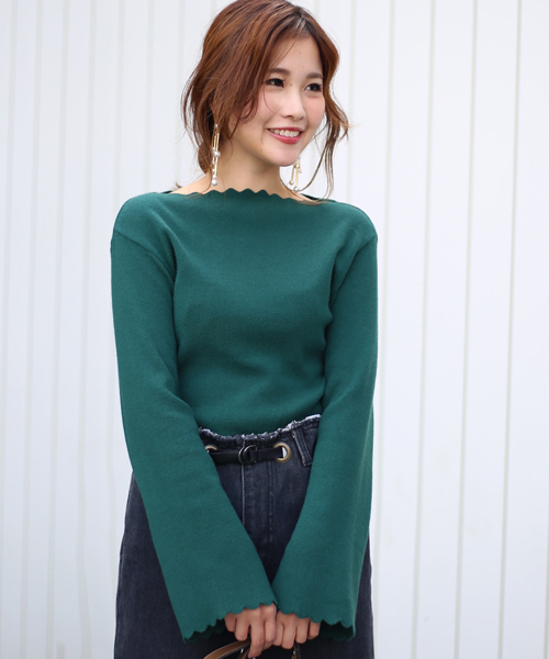 Bab Bou Jeloud(バブブージュルード)の「 【もちもち素材】フレアスリーブ ボートネック スカラップニットプルオーバー(ニット/セーター・レディース・チャコールグレー/ブラック/ダークグリーン/キャメル・FREE)」の11枚目の写真