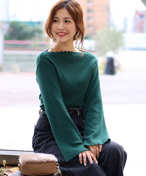 Bab Bou Jeloud(バブブージュルード)の「 【もちもち素材】フレアスリーブ ボートネック スカラップニットプルオーバー(ニット/セーター・レディース・チャコールグレー/ブラック/ダークグリーン/キャメル・FREE)」の10枚目の写真