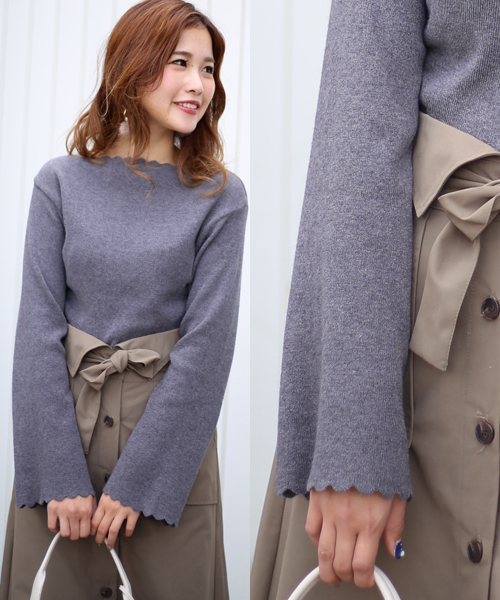 Bab Bou Jeloud(バブブージュルード)の「 【もちもち素材】フレアスリーブ ボートネック スカラップニットプルオーバー(ニット/セーター・レディース・チャコールグレー/ブラック/ダークグリーン/キャメル・FREE)」の21枚目の写真