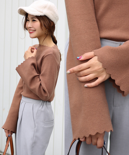 Bab Bou Jeloud(バブブージュルード)の「 【もちもち素材】フレアスリーブ ボートネック スカラップニットプルオーバー(ニット/セーター・レディース・チャコールグレー/ブラック/ダークグリーン/キャメル・FREE)」の13枚目の写真