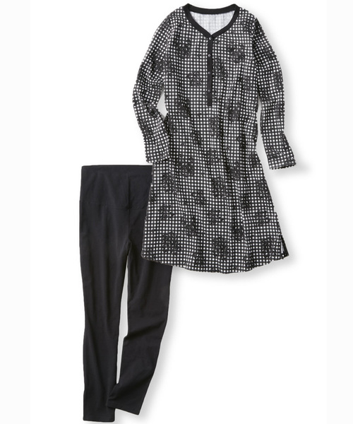 フェリシモMama(フェリシモママ)の「リブ イン コンフォート しめつけないのが心地いい!産前産後に使えるマタニティパジャマ〈ギンガム〉(マタニティウェア/グッズ・レディース・ブラック×ホワイト・LARGE/MEDIUM)」の7枚目の写真