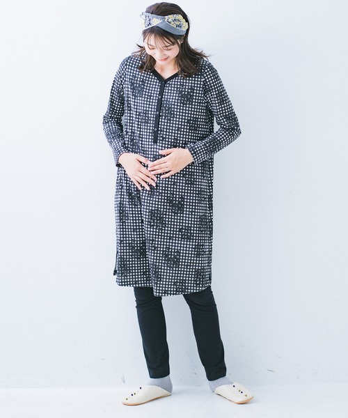 フェリシモMama(フェリシモママ)の「リブ イン コンフォート しめつけないのが心地いい!産前産後に使えるマタニティパジャマ〈ギンガム〉(マタニティウェア/グッズ・レディース・ブラック×ホワイト・LARGE/MEDIUM)」の13枚目の写真