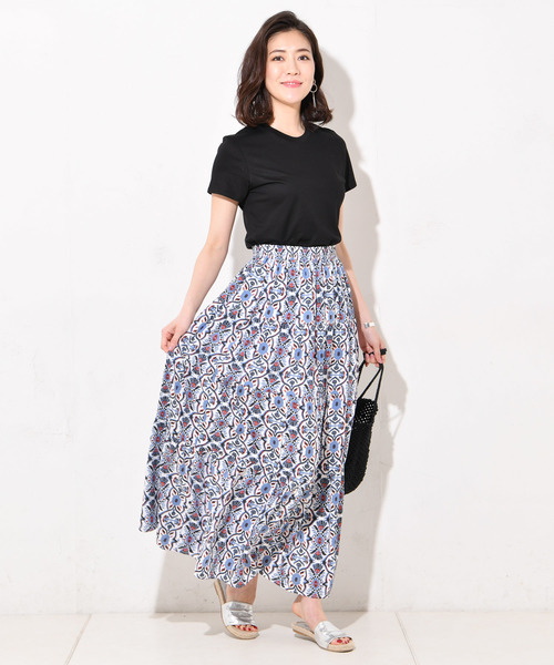 RIVE DROITE（リヴドロワ）の「オーナメントプリントマキシスカート-（スカート・レディース・オフホワイト/ネイビー・FREE）」の4枚目の写真