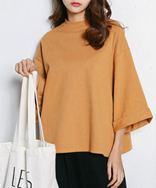 classicalelf（クラシカルエルフ）の「裾スリット＆折り返し半端袖ミドル丈無地ボートネックカットソーブラウス（Tシャツ/カットソー・レディース・グレー/ピンク/ホワイト/キャメル・FREE/MEDIUM/LARGE/X-LARGE/XX-LARGE）」の4枚目の写真