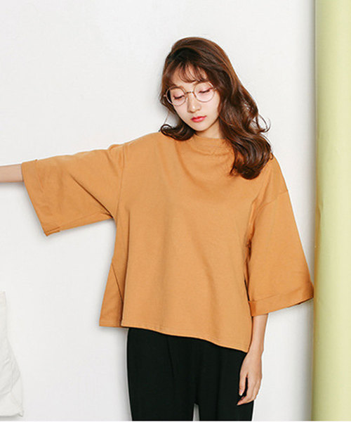 classicalelf（クラシカルエルフ）の「裾スリット＆折り返し半端袖ミドル丈無地ボートネックカットソーブラウス（Tシャツ/カットソー・レディース・グレー/ピンク/ホワイト/キャメル・FREE/MEDIUM/LARGE/X-LARGE/XX-LARGE）」の12枚目の写真