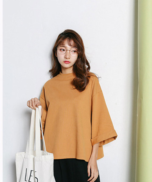 classicalelf（クラシカルエルフ）の「裾スリット＆折り返し半端袖ミドル丈無地ボートネックカットソーブラウス（Tシャツ/カットソー・レディース・グレー/ピンク/ホワイト/キャメル・FREE/MEDIUM/LARGE/X-LARGE/XX-LARGE）」の16枚目の写真