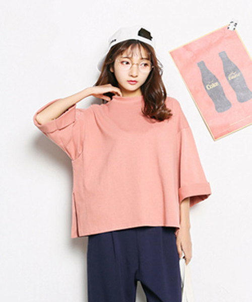 classicalelf（クラシカルエルフ）の「裾スリット＆折り返し半端袖ミドル丈無地ボートネックカットソーブラウス（Tシャツ/カットソー・レディース・グレー/ピンク/ホワイト/キャメル・FREE/MEDIUM/LARGE/X-LARGE/XX-LARGE）」の19枚目の写真