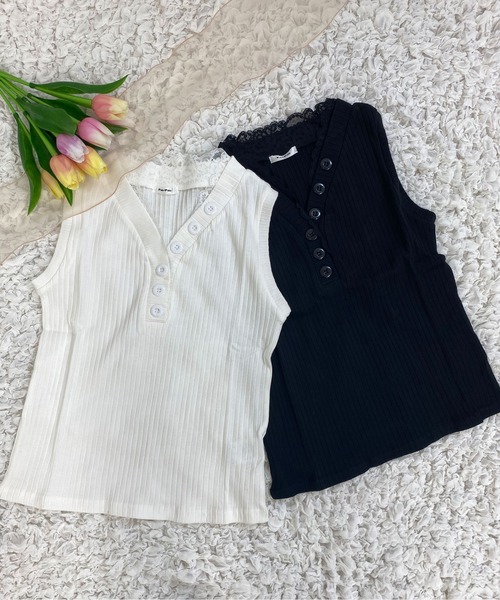 PairPair（ペアペア）の「ボタン付きリブタンクトップ（タンクトップ・レディース・ブラック/オフホワイト・FREE）」の2枚目の写真
