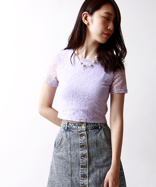 WEGO(ウィゴー)の「WEGO/レースピチTシャツ(Tシャツ/カットソー・レディース・オフホワイト/ブラック/ライトパープル/ライトイエロー・FREE)」の3枚目の写真
