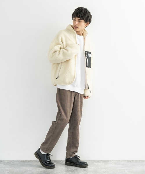 Mark Gonzales - マークゴンザレス　ボアジャケット　ボアフリース　ベージュ×ネイビー　レディースＬ MARK GONZALES 別注 フリース ボアジャケット（ブルゾン）｜Mark