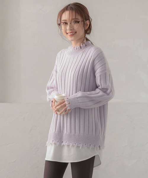 KOBE LETTUCE（コウベレタス）の「レイヤード風ダメージニットトップス（ニット/セーター・レディース・パープル系その他/アイボリー/ブラック・FREE）」の3枚目の写真