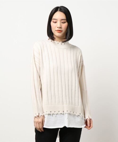 KOBE LETTUCE（コウベレタス）の「レイヤード風ダメージニットトップス（ニット/セーター・レディース・パープル系その他/アイボリー/ブラック・FREE）」の6枚目の写真