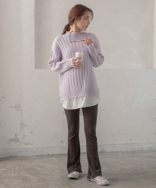 KOBE LETTUCE（コウベレタス）の「レイヤード風ダメージニットトップス（ニット/セーター・レディース・パープル系その他/アイボリー/ブラック・FREE）」の9枚目の写真
