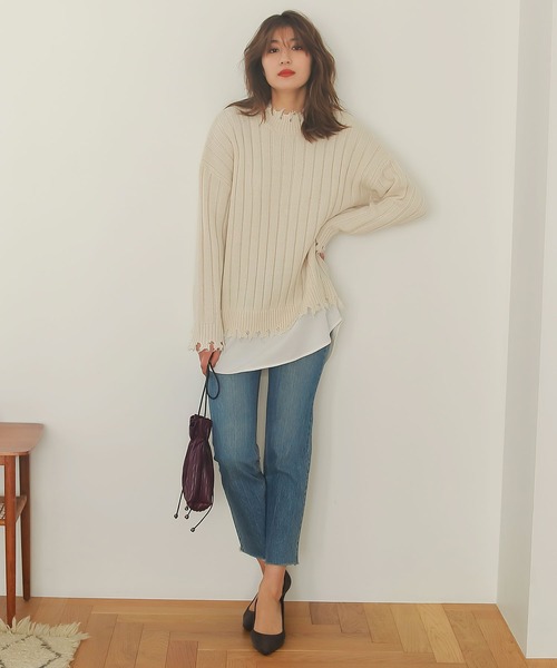 KOBE LETTUCE（コウベレタス）の「レイヤード風ダメージニットトップス（ニット/セーター・レディース・パープル系その他/アイボリー/ブラック・FREE）」の4枚目の写真