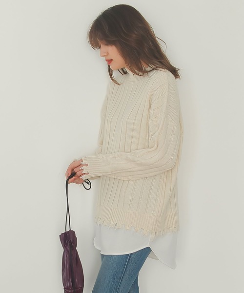 KOBE LETTUCE（コウベレタス）の「レイヤード風ダメージニットトップス（ニット/セーター・レディース・パープル系その他/アイボリー/ブラック・FREE）」の5枚目の写真