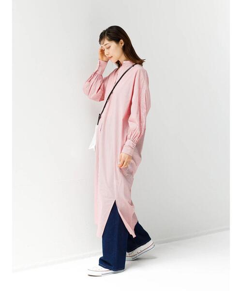 koe（コエ）の「バンドカラーストライプロングシャツワンピース