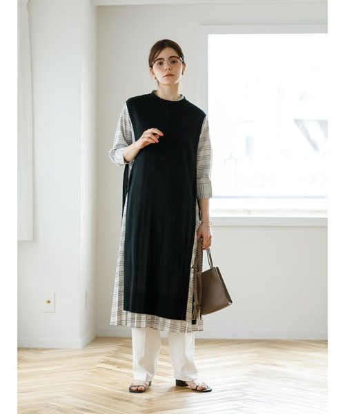 koe（コエ）の「SET ニットベスト＆&チェック柄ワンピース*（ワンピース・レディース・グレー/ライトベージュ/ブルー・FREE）」の7枚目の写真