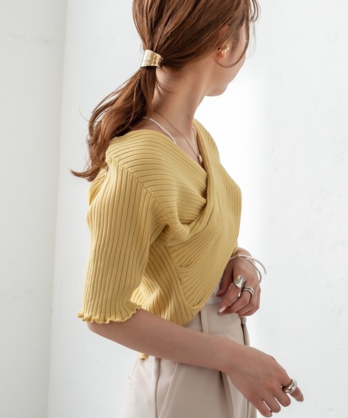 mystic（ミスティック）の「クロスワイドリブ半袖プルオーバー（ニット/セーター・レディース・ブラック/ベージュ/ピンク/イエロー/オレンジ・FREE）」の3枚目の写真