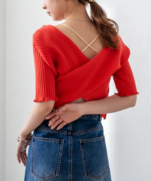 mystic（ミスティック）の「クロスワイドリブ半袖プルオーバー（ニット/セーター・レディース・ブラック/ベージュ/ピンク/イエロー/オレンジ・FREE）」の5枚目の写真