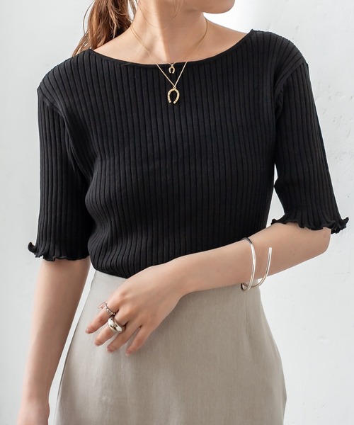 mystic（ミスティック）の「クロスワイドリブ半袖プルオーバー（ニット/セーター・レディース・ブラック/ベージュ/ピンク/イエロー/オレンジ・FREE）」の2枚目の写真