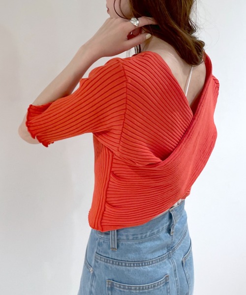 mystic（ミスティック）の「クロスワイドリブ半袖プルオーバー（ニット/セーター・レディース・ブラック/ベージュ/ピンク/イエロー/オレンジ・FREE）」の7枚目の写真