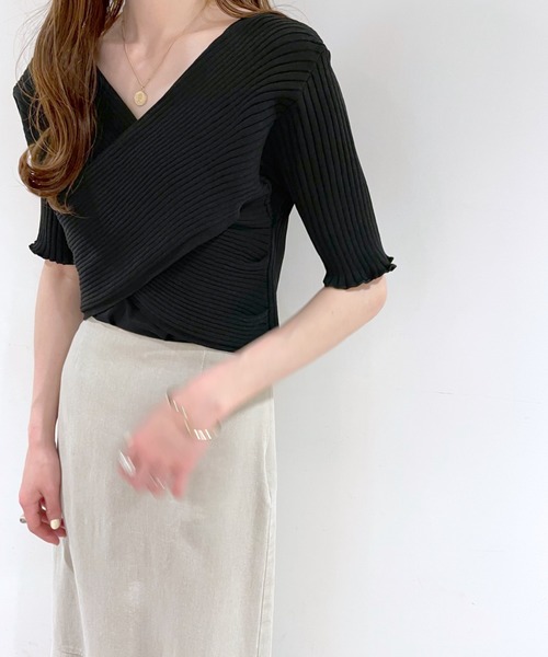 mystic（ミスティック）の「クロスワイドリブ半袖プルオーバー（ニット/セーター・レディース・ブラック/ベージュ/ピンク/イエロー/オレンジ・FREE）」の14枚目の写真