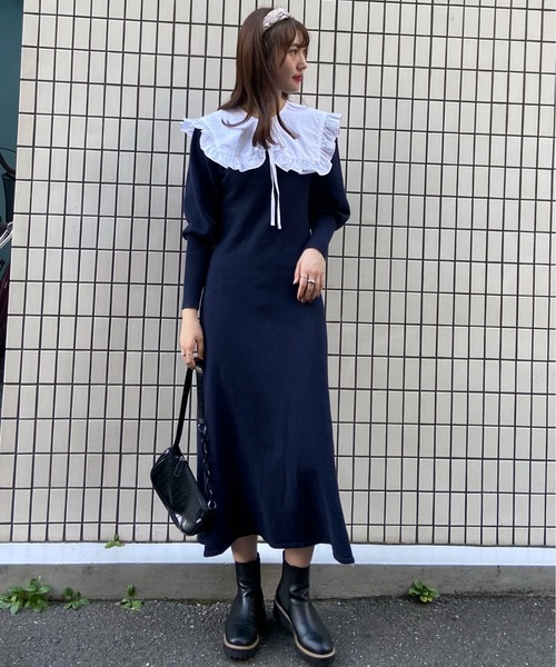 EPIMI E'PIMMY（エピミエピミー）の「パフスリーブフレアニットワンピース（ワンピース・レディース・ベージュ/ダークブルー/ピンクベージュ・MEDIUM）」の15枚目の写真