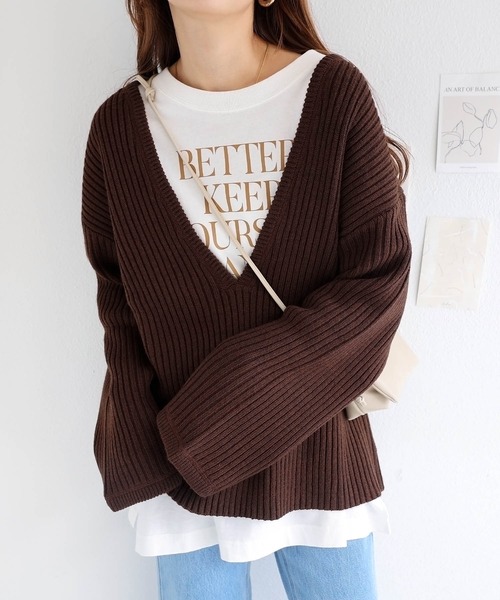 andme(アンドミー)の「深Vネック長袖リブニットトップス(ニット/セーター・レディース・ブラック/ダークグリーン/オフホワイト/モカ/レッド/グレー系その他・M)」の12枚目の写真