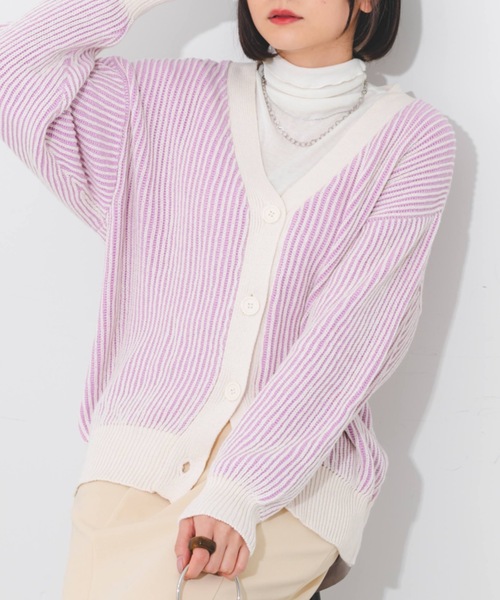 nemne store（ネンネストア）の「ストライプジャガードカーディガン（カーディガン/ボレロ・レディース・オレンジ/グリーン/ラベンダー・フリー）」の2枚目の写真