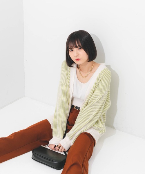 nemne store（ネンネストア）の「ストライプジャガードカーディガン（カーディガン/ボレロ・レディース・オレンジ/グリーン/ラベンダー・フリー）」の8枚目の写真