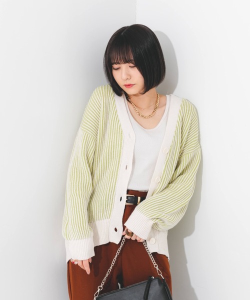 nemne store（ネンネストア）の「ストライプジャガードカーディガン（カーディガン/ボレロ・レディース・オレンジ/グリーン/ラベンダー・フリー）」の7枚目の写真