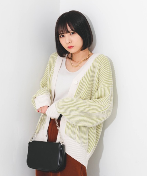 nemne store（ネンネストア）の「ストライプジャガードカーディガン（カーディガン/ボレロ・レディース・オレンジ/グリーン/ラベンダー・フリー）」の6枚目の写真