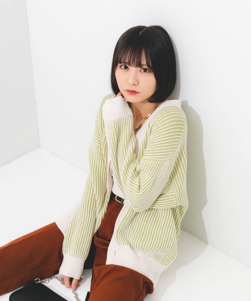 nemne store（ネンネストア）の「ストライプジャガードカーディガン（カーディガン/ボレロ・レディース・オレンジ/グリーン/ラベンダー・フリー）」の16枚目の写真