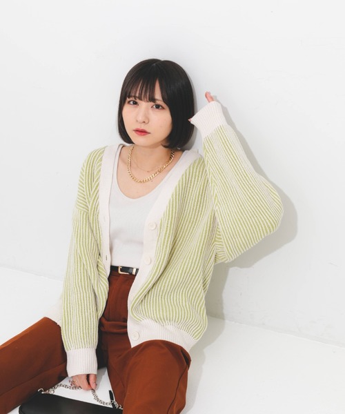 nemne store（ネンネストア）の「ストライプジャガードカーディガン（カーディガン/ボレロ・レディース・オレンジ/グリーン/ラベンダー・フリー）」の14枚目の写真