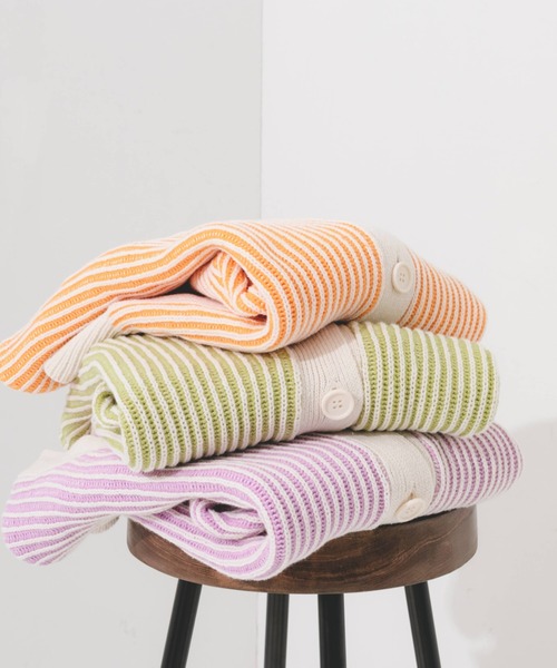 nemne store（ネンネストア）の「ストライプジャガードカーディガン（カーディガン/ボレロ・レディース・オレンジ/グリーン/ラベンダー・フリー）」の4枚目の写真