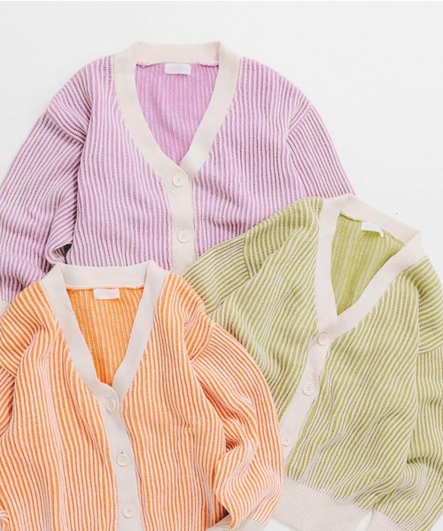 nemne store（ネンネストア）の「ストライプジャガードカーディガン（カーディガン/ボレロ・レディース・オレンジ/グリーン/ラベンダー・フリー）」の5枚目の写真